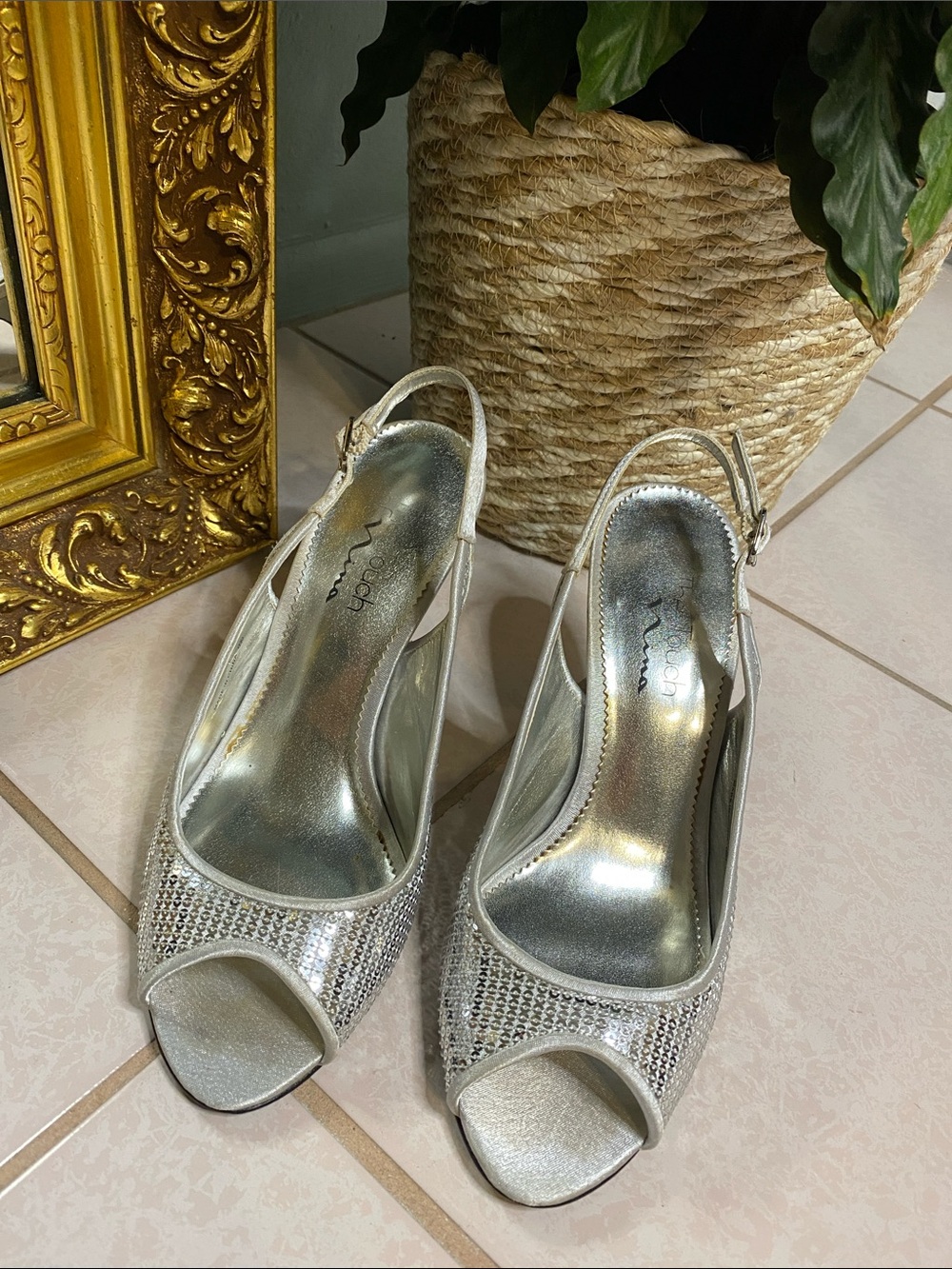 Touch of Nina Silver Rhinestone Slingback Peep-Toe Heels